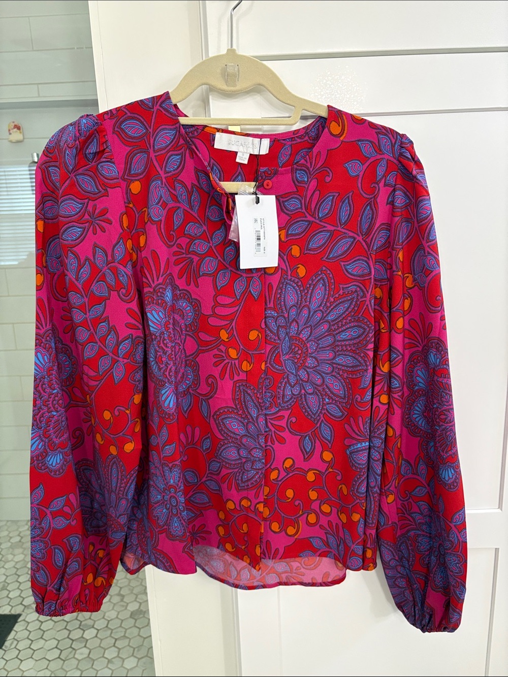 NWT Women’s Bright Pink Floral Print Long-Sleeve Blouse